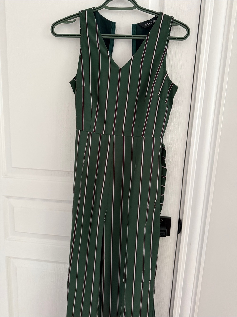 Green Striped V-Neck Jumpsuit Dress